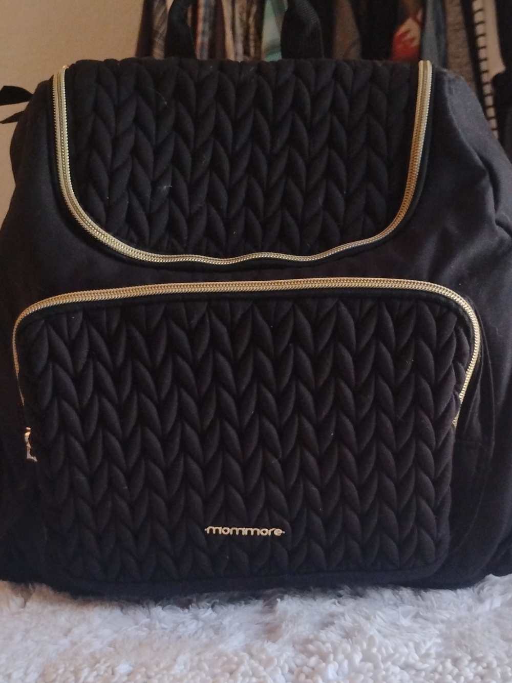 Mommore Quilted Black Backpack/Diaper bag Tote Bag with Gold Trim